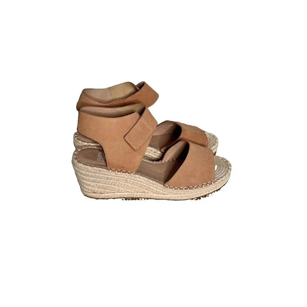 Eileen Fisher Weslia Wedge Strappy Espadrilles Sandals Tan Leather